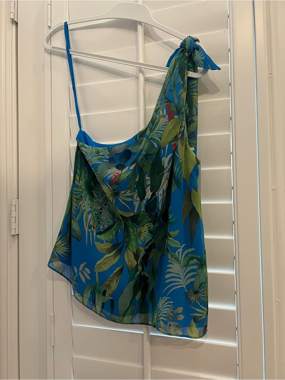 ANTONIO MELANI Blue Green Tropical One-Shoulder Blouse